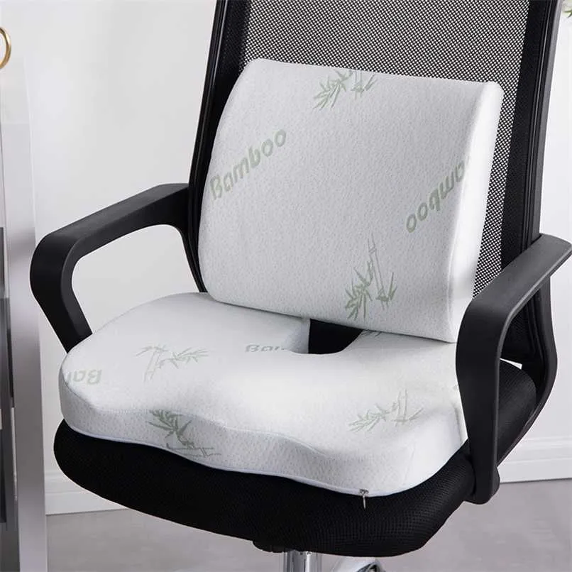 Cuscino del sedile in memory foam 2 in 1 in fibra di bambù Set di supporto per la vita a rimbalzo lento per il cuscino per sedia da ufficio a casa 211203