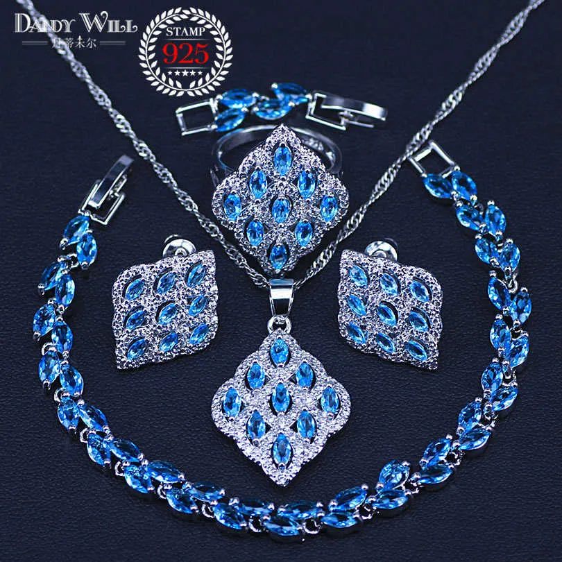 Blue Zircon Silver Color Wedding Jewelry Sets Women Charms Bracelets Necklace Pendant Hoop Earrings Rings Set With Stones Sets H1022