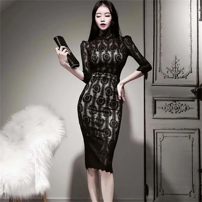 Kvinnor Elegant Lace Dress Black Pencil Spring Monterad Korea Sheath Club Party Vestidos 210519