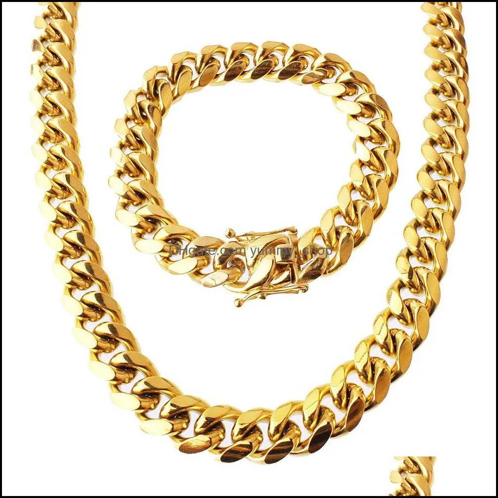 Altri set di gioielli Set di gioielli in acciaio inossidabile placcato oro 24 carati Collana a maglia cubana di alta qualità Bracciale da uomo Catena a cordolo 1,4 cm Consegna a goccia