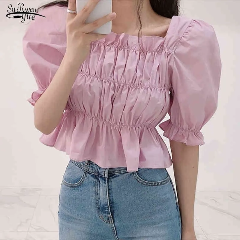 Summer Puff Krótki Rękaw Square Collar Kobieta Koszulki Koreański Plised Off Shouder Bluzka Kobiety Vintage Solidne Slim Topy Blusas 14439 210518