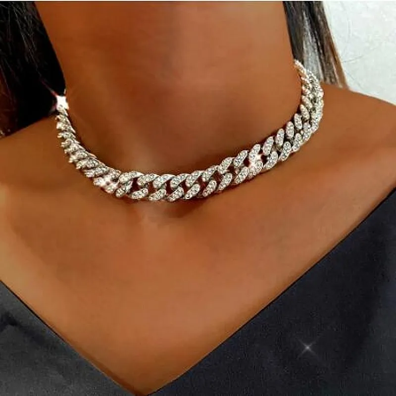 13mm Miami Cuban Link Chain Gold Silver Color Choker Necklace for Women Iced Out Crystal Rhinestone Necklace Hip hop Jewlery