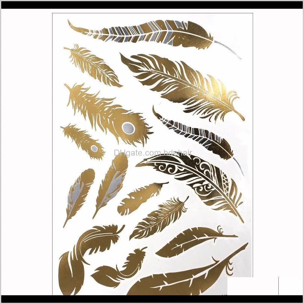1PCS Flash Metallic Waterproof Tattoo Gold Silver Women Fashion Henna Peacock Feather Design Temporary Tattoo Stick Paster