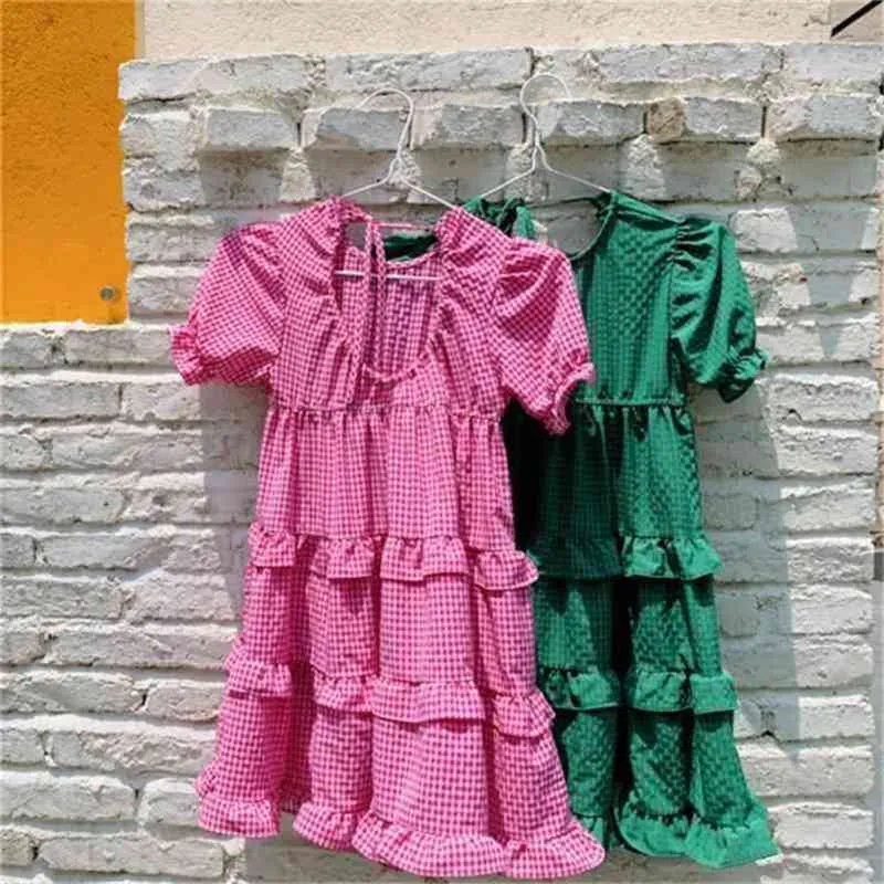 Printemps Arrivée Filles Mode Robe À Carreaux Enfants Gâteau D'été es 210528