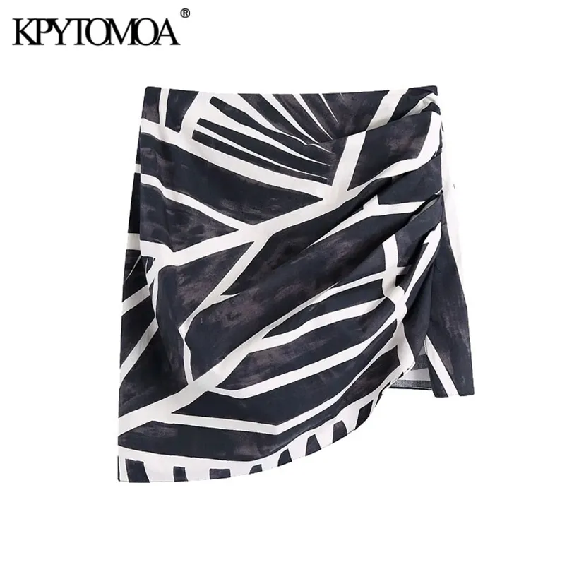 Kpytomoa Frauen Chic Mode Gedruckt Drapierter Asymmetrie Minirock Vintage Hohe Taille Seiten Reißverschluss Weibliche Röcke Mujer 210730