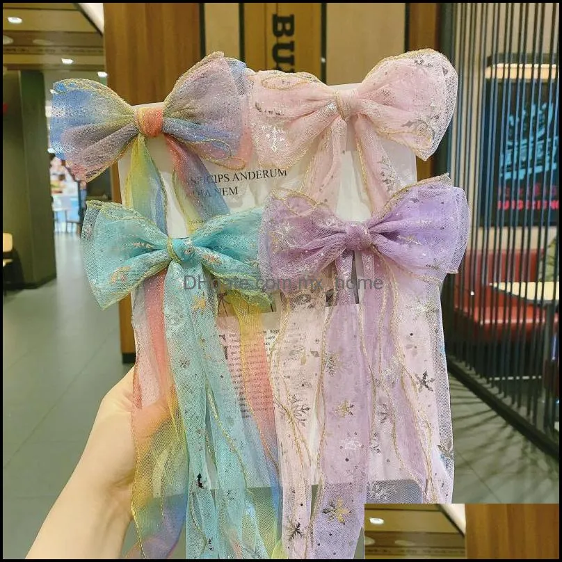 Hair Aessories Baby, Kids & Maternity Korean Version Of The Card Rainbow Ribbon Bow Hairpin Net Yarn With Scalp Ribs Tiara Headdress For Gir