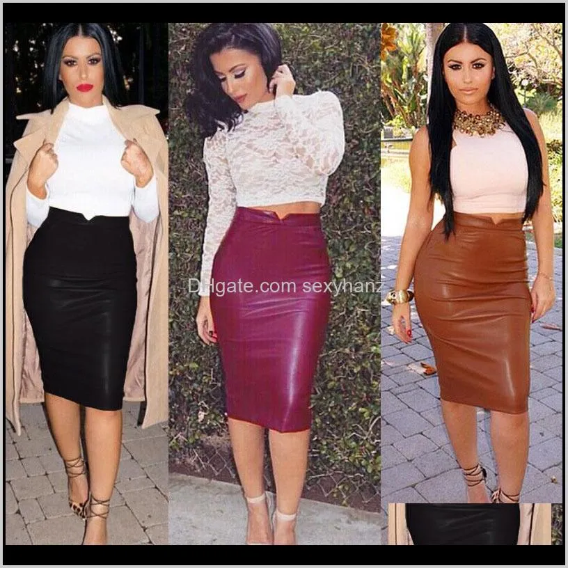 women pu leather long skirt solid color high waist slim hip pencil skirts vintage bodycon skirt sexy clubwear