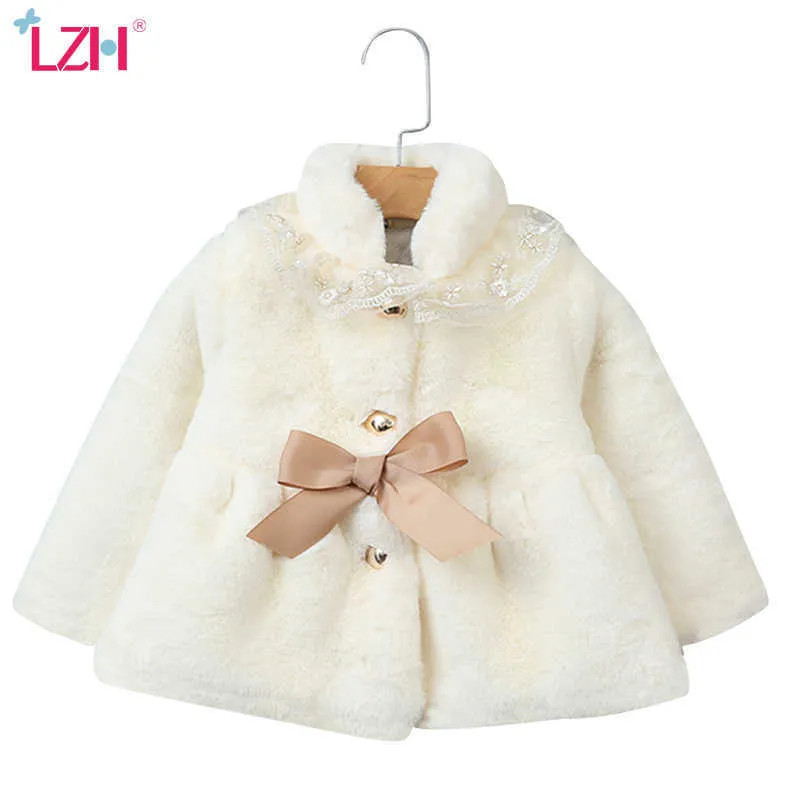 LZH 2021 Autumn Winter Faux Rabbit Fur Cardigan for Girls Lace Fur Jacket Thicken Warm Baby Girls Clothes Children's Jacket 3-8t H0909