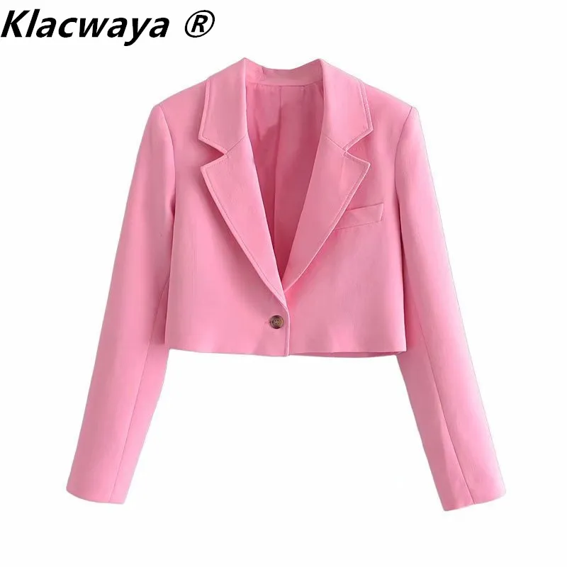 Femmes Vintage collier enculé Couleur solide Court Slim Blazer Manteau Femme One Bouton Vêtements d'extérieur Chic Crop Tops 210521