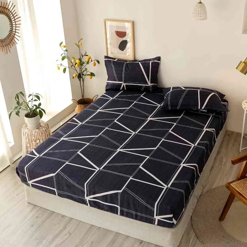 Bonnoy 3 stks ingebouwde lakens Single Drap de verlichte geometrische patroon Stitching matras cover met elastiek voor tweepersoonsbed 210626