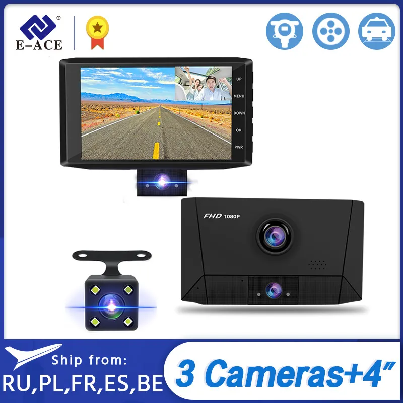 E-ACE B13 سيارة DVR 4.0 بوصة داش كام 3 كاميرات السيارات المسجل FHD 1080P مسجل الفيديو المزدوج عدسة dvrs للرؤية الليلية داشام