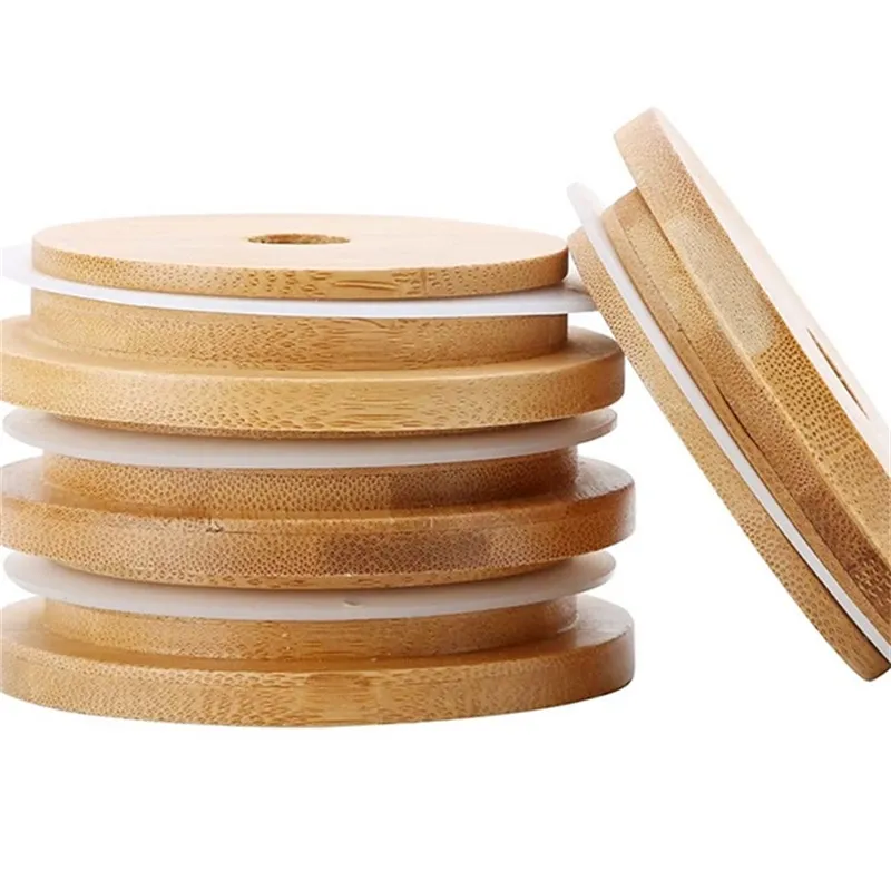 Bamboo Cap Lids Reusable Bamboo Mason Jar Lids with Straw Hole and Silicone Seal 4597 Q2