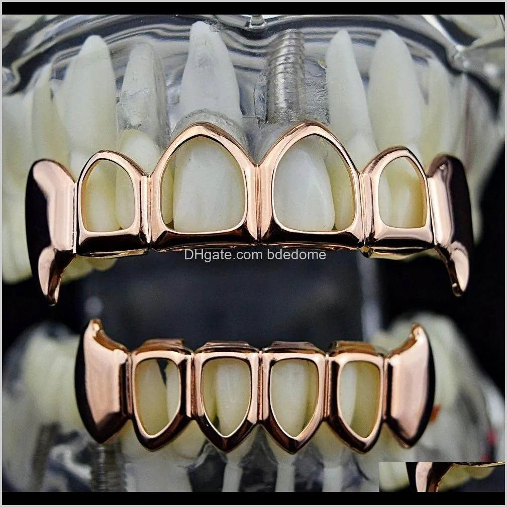 GOLD Color Plated Hip Hop Micro Pave CZ Fang Hollow Top & Bottom GRILLZ Vampire Teeth Grills Set