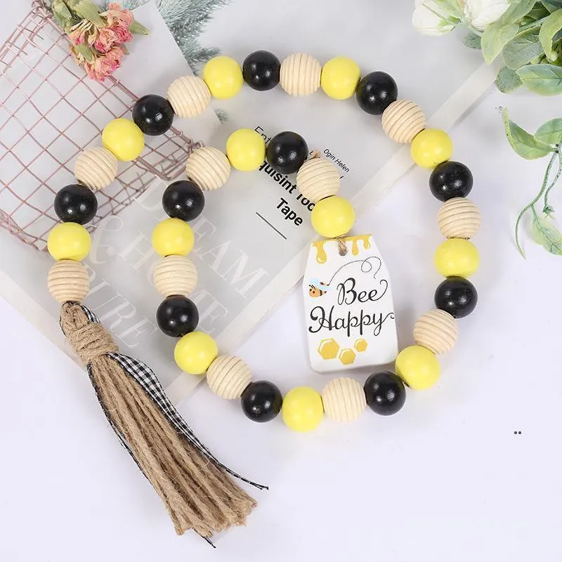 new Tassel Wood Bead Decor Pendant Creative Bees Two-tone Wooden Beads English Hang Tag Fringe Handmade Natural Hemp Rope EWB7791