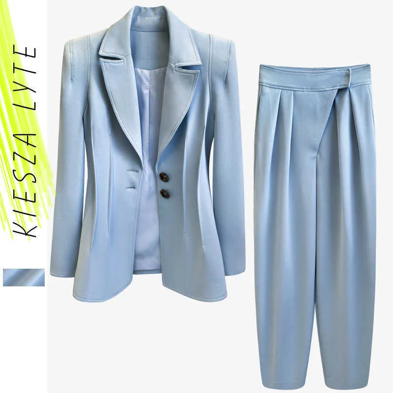 Women Work Blazer With Shoulder Pads Blue Blazers Runway Elegant Business Pants Sets Lady Single Breasted Jackets 2 Pieces 210608