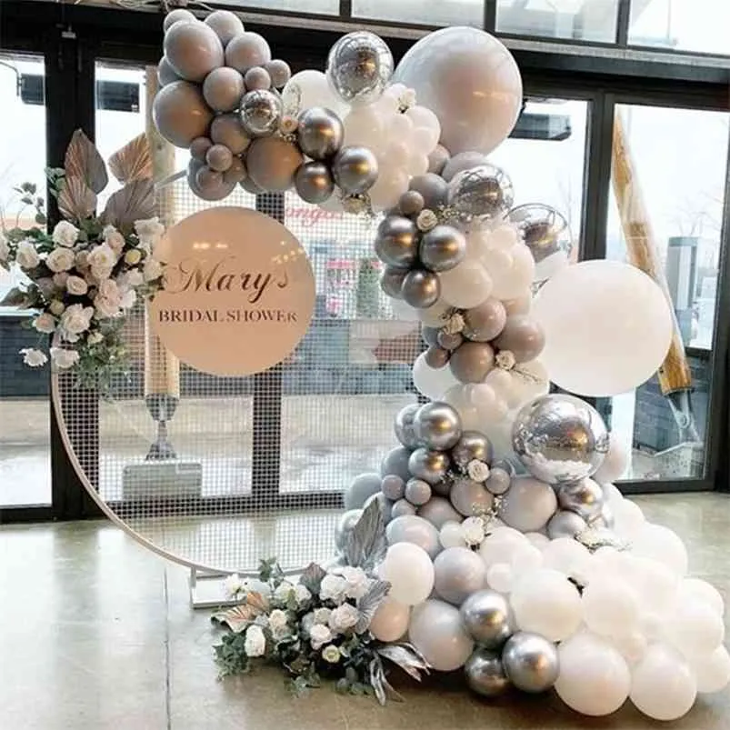 103 pcs branco cinza macaron balões arco conjunto de prata 4d bola de bebê bebê decoração de casamento fundo festa de parede suprimentos 210719