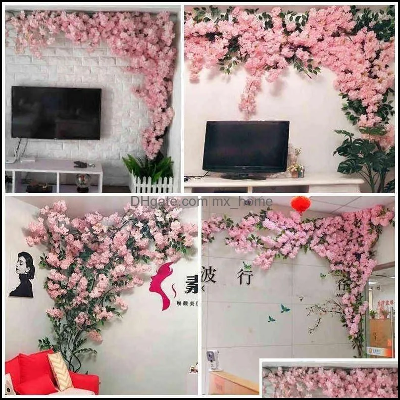 Decorative Flowers Kunstmatige Cherry Set Maaltijd Rotan Bruiloft Wanddecoratie Bloem Indoor Woonkamer Decoratie Valse Fattan Franch