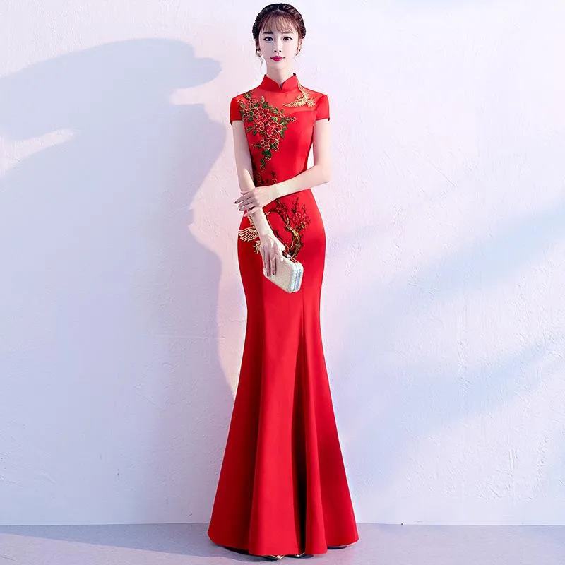 Ethnic Clothing Exquisite Red Embroidery Women Cheongsam Noble Elegant Bridesmaid Wedding Qipao Vestidos Vintage Sexy Chinese Style Robe Gow