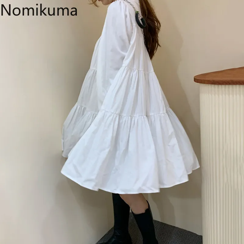 Nomikuma automne bouffée à manches longues femmes robes coréenne plissée col en v casual poupée robe douce a-ligne Vestidos Femme 6C304 210427