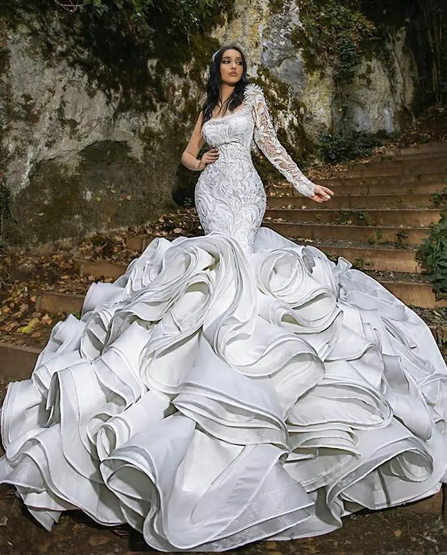 Luxury Ruffles Mermaid Wedding Dresses Bridal Gowns Pleats One Shoulder Chapel Train Gorgeous Nigerian Arabic Marriage Robe De Mariee