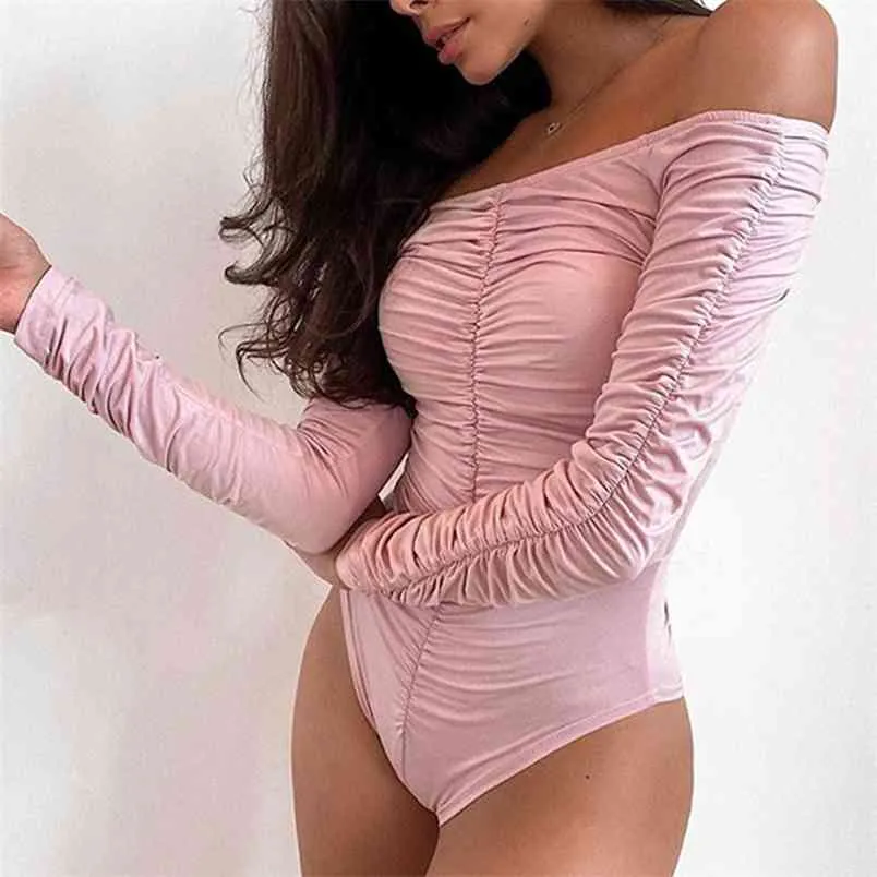 Sexy Of Epaule Elegant BodySuits Bâtiments Femmes Casual Baldoyal à manches longues Plis de PlaySuit plissé Tops Streetwear Femelle 210517