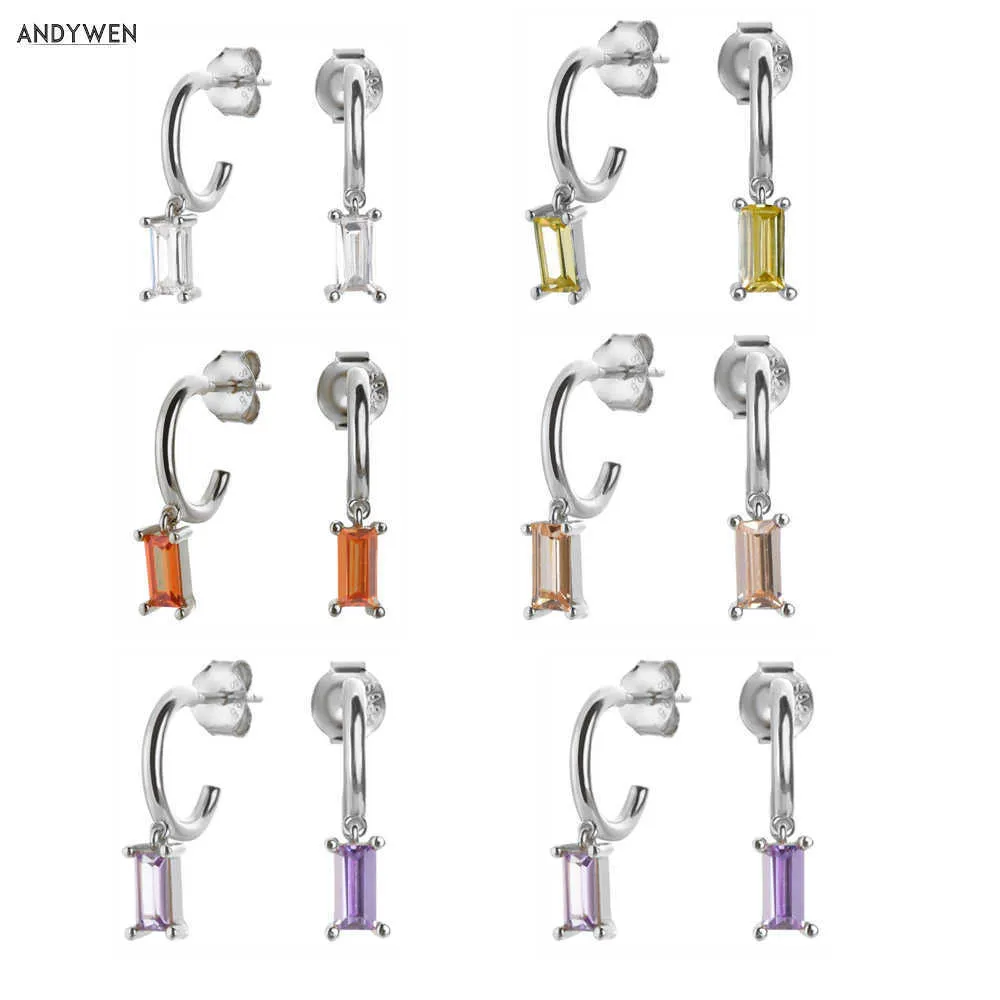 Andywen 925 Sterling Silver Hoops Mini Crystal Kolczyk Dangle Charms Pętle Circle Piercing Pendiente Jewelry 210608