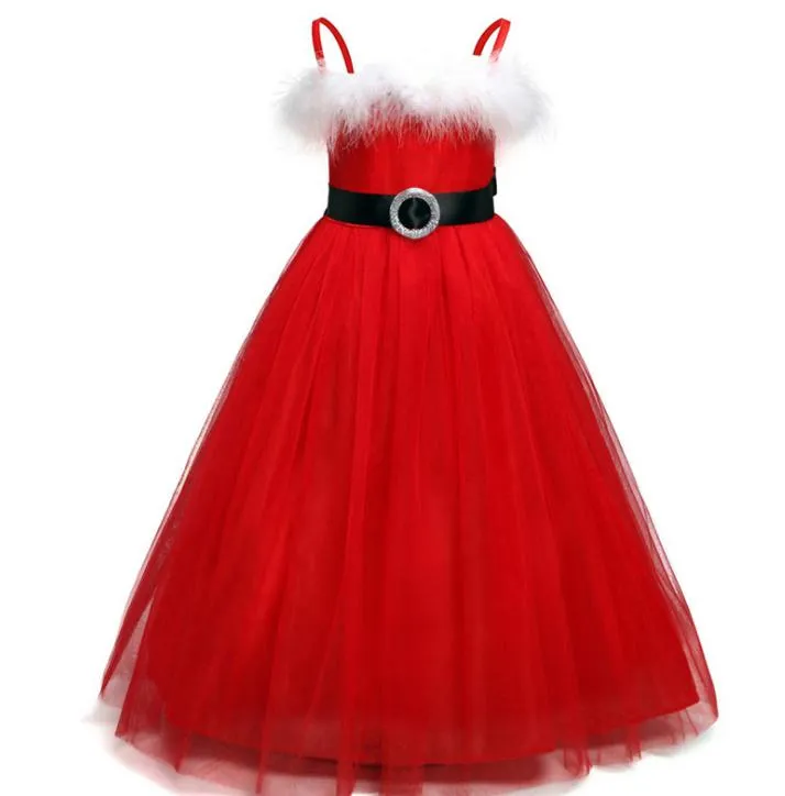 Robe de Noël pour bébé fille de 2 à 8 ans, jupes tutu en maille rouge sans manches à paillettes avec plumes, robes de bal pour enfants, nouvel an, Noël