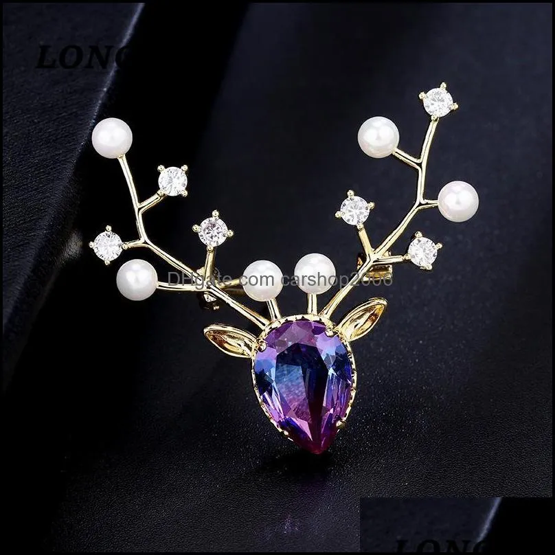 Pins, Brooches LONG JIN Korean Zircon Elk Brooch Personality Net Red Clothes Small Pin Female Blue Accessory Collar Wedding Jewelry