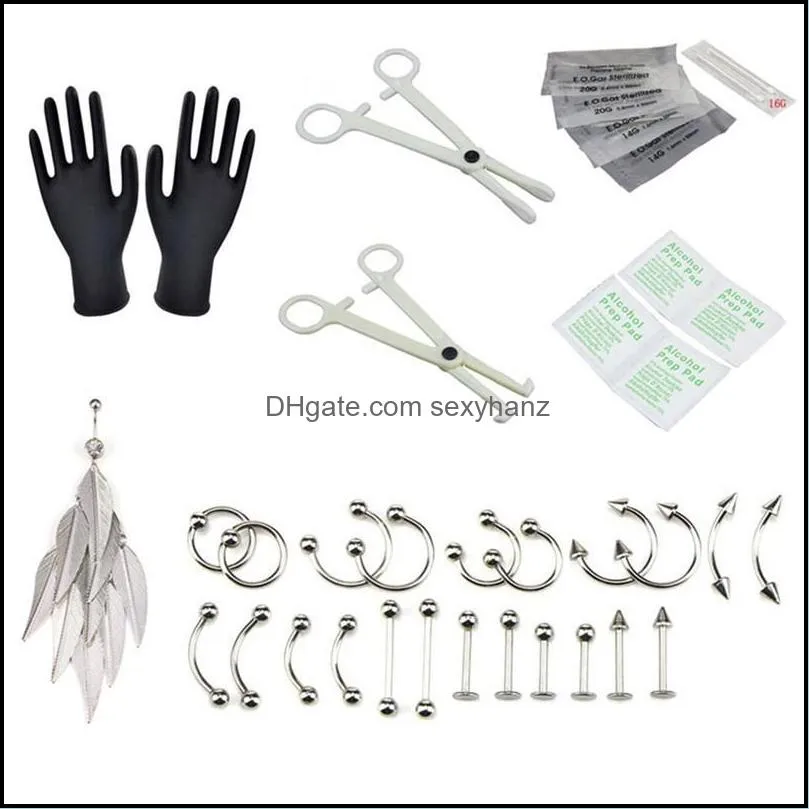 Other 1 Set 16G 14G Belly Nipple Eyebrow Lip Nose Ring Tongue Body Piercing Kit Jewelry Tool Needles For