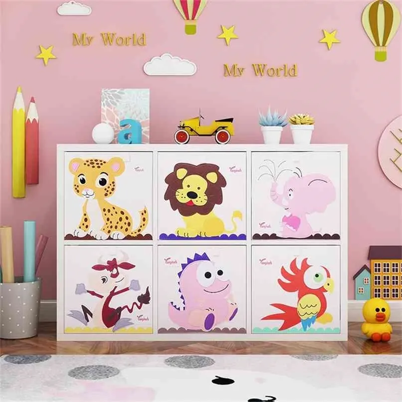 13 Inch Cartoon Animal Cube Storage Box Folding Washed Oxford Cloth Fabric Bins For Toys Organizers Basket 210922