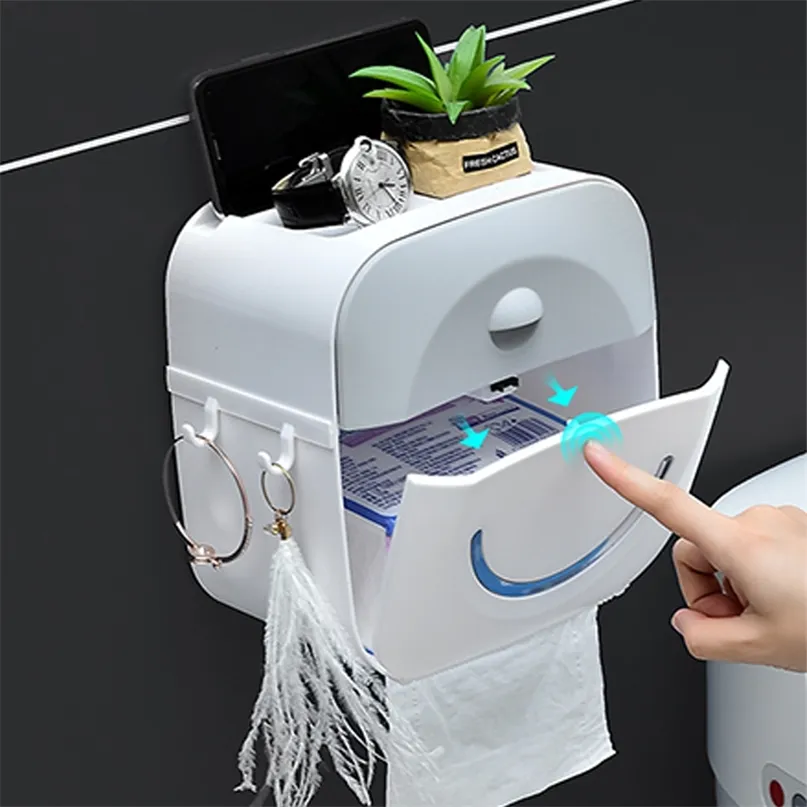 WC Toilet Paper Holder Wall Mounted with Shelf Bathroom Organizer Plastic Tissue Box Roll Towel 210720