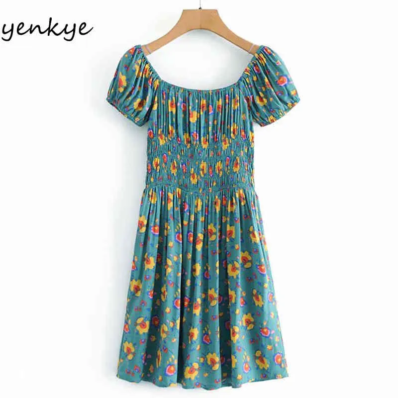 Holiday Summer Dress Women Sexy Square Neck Short Sleeve Elastic Waist A-line Casual Vintage Green Print Robe 210430
