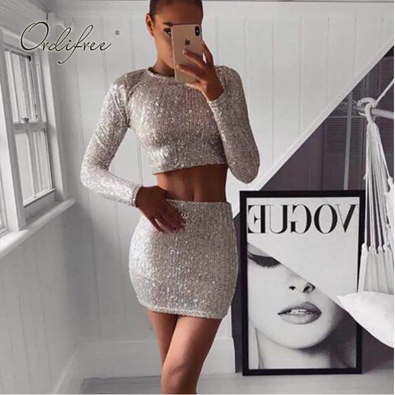 Spring Women 2 Piece Set Långärmade Sext Tops Silver Gold Sequine Mini Pencil Crop Top och kjol set 210415