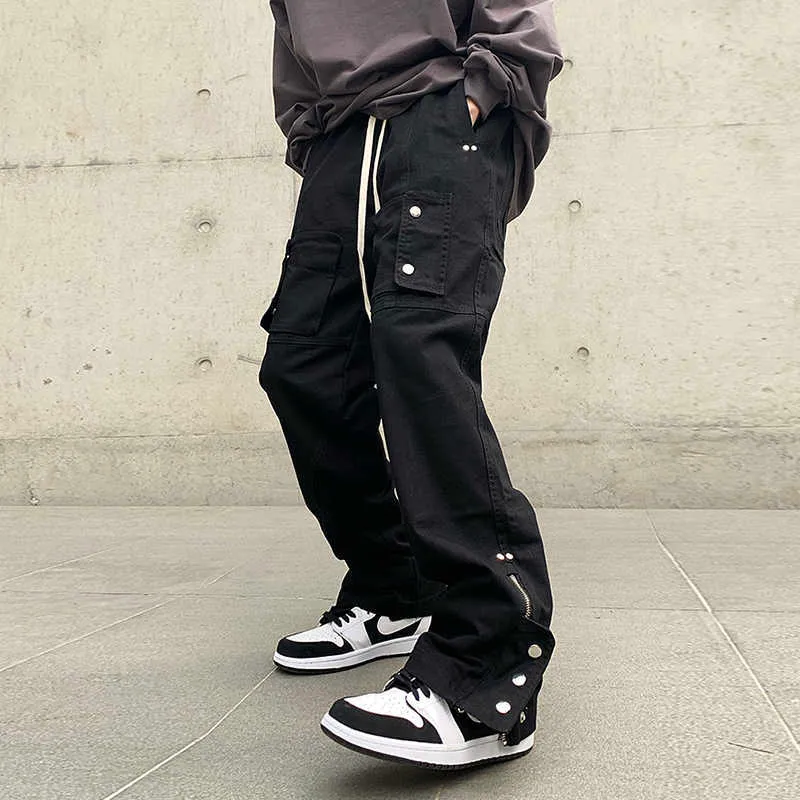 Ankle Zipper Multi-pockets Vibe Overalls Mens Drawstring Solid Black Straight Loose Casual Cargo Pants Hip Hop Baggy Trousers P0811