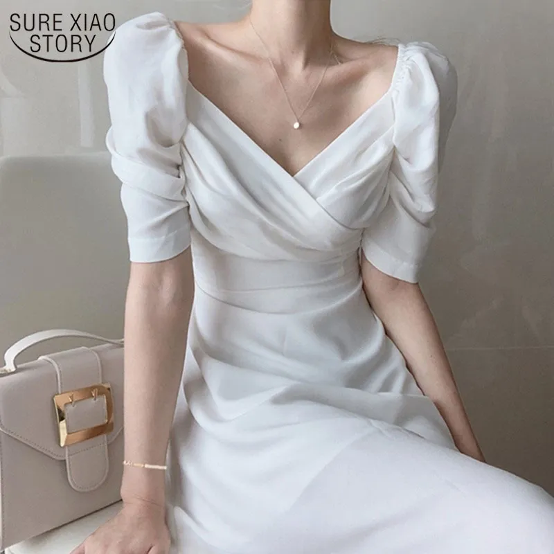 韓国ホワイトドレス女性フレンチスタイルエレガントスリムVネックパフスリーブシフォンロングローブ13904 210508