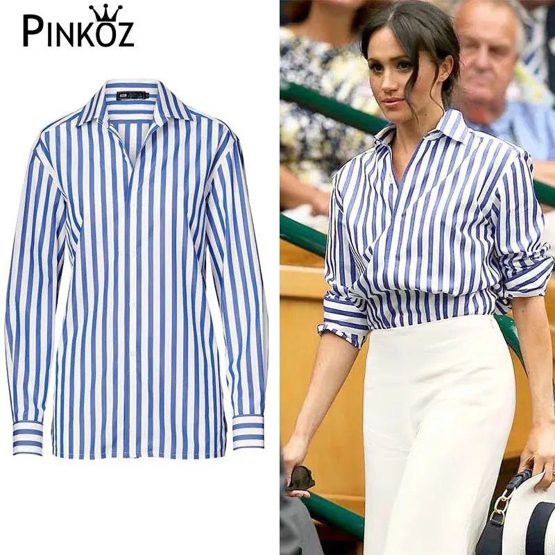 Spring Autumn Blue Striped Blouse Megan Princess Style Celebrity Single-breasted Designer Female Shirt OL Blouses 210421