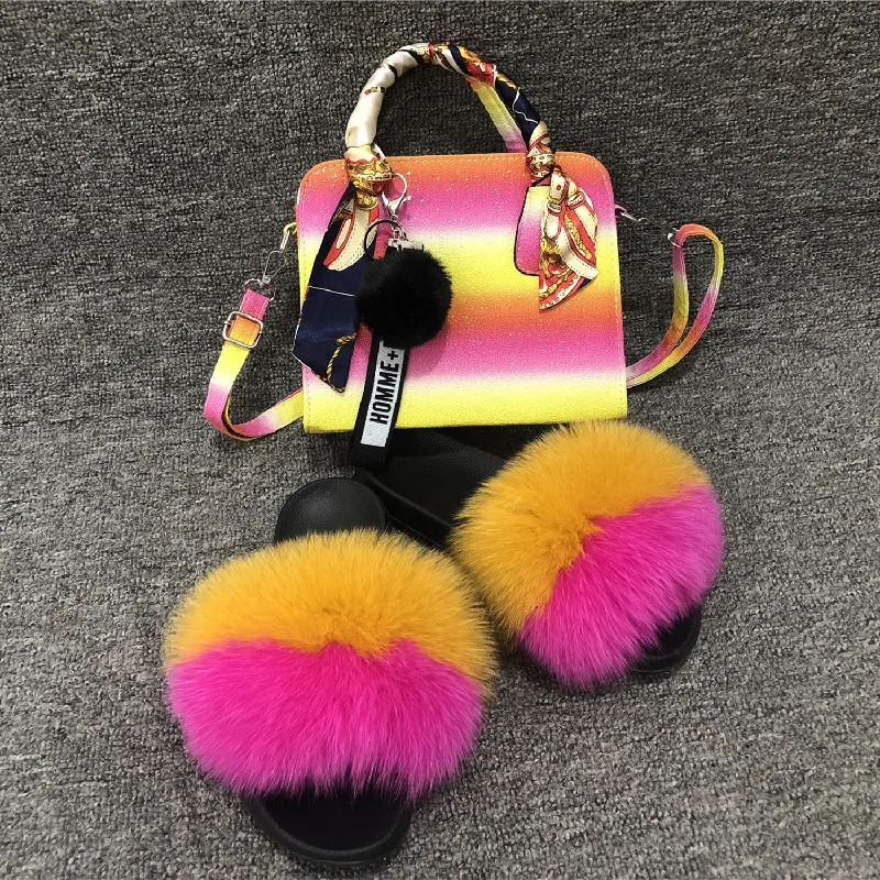 Fashion Women's Fur Fluffy Slippers Backpack Crossbody Bag Suit Party Sandals