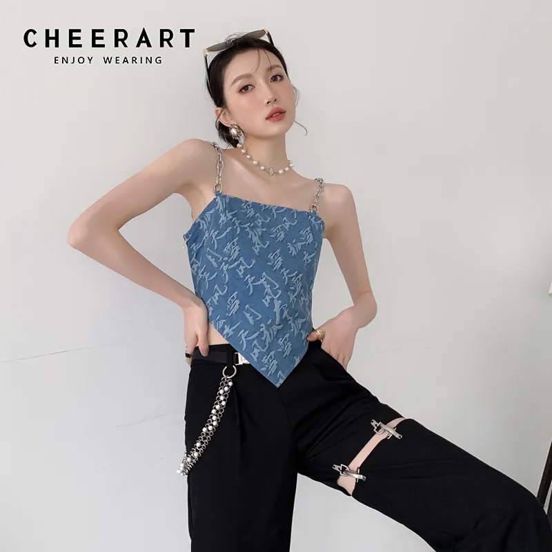 Cadeia de Metal Chain Spaghetti Crop Top Assimétrico Jacquard Denim Verão Moda Blue Tube Cami Roupas 210427