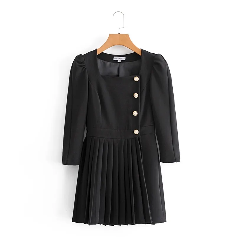 Femmes été Élégantes Blazers robe plissées 3/4 boutons à manches noires Vintage occasionnel Femme Mini robes Vêtements Vestidios 210513