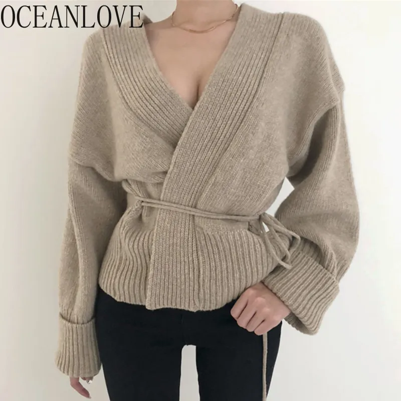 V Neck Solid Cardigans Women Korean Chic Simple Fashion Mujer Chaqueta Autumn Winter Sweaters Elegant Lace Up 18310 210415