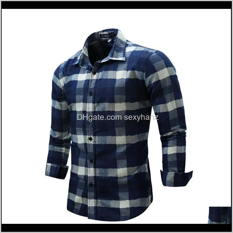 blue plaid long sleeve shirts men 2020 spring new check shirt cotton slim fit casual style button-down male clothing eu size1