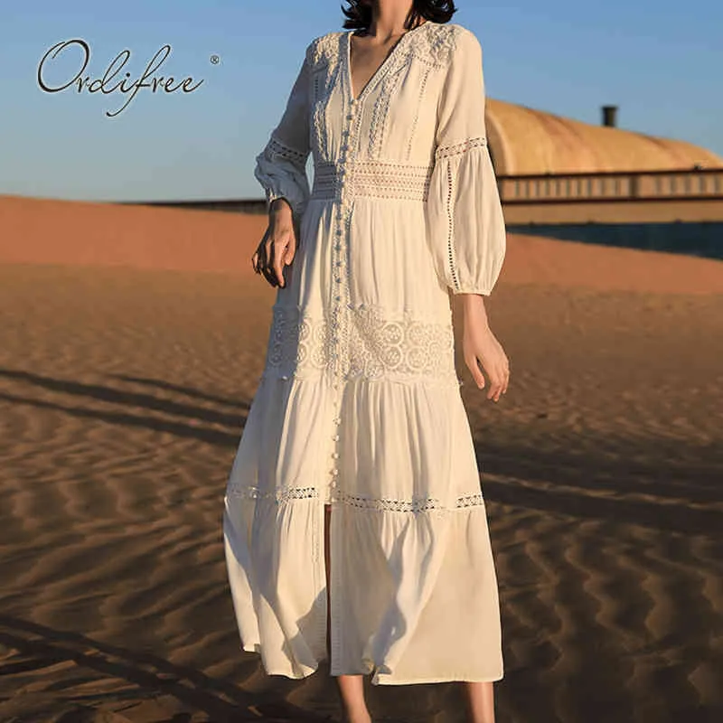 Summer Boho Women Maxi Sleeve Vintage White Lace Long Tunic Beach Dress Holiday Clothes 210415