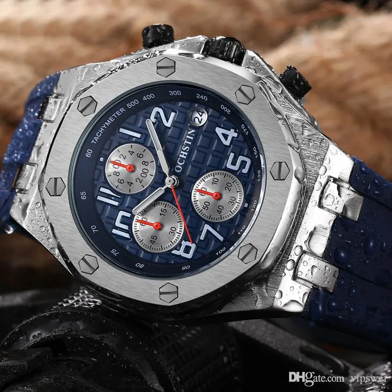 고급스러운 브랜드 스포츠 멀티 기능 쿼츠 시계 남자 군사 주 캘린더 타이밍 시계 방수 독특한 클래식 디자인 손목 시계