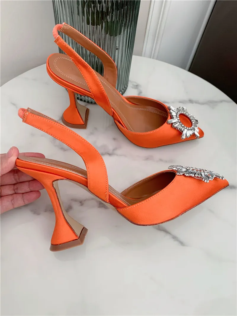 Real photo Fashion Women Shoes Orange Satin Glitter Strass Sexy Pointy Toe thin High Heels stilettos Zapatos Mujer Party Bride Wedding Pumps