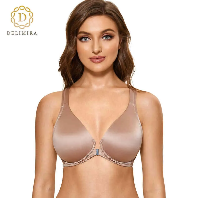 DELIMIRA Sujetadores de cierre frontal para mujer Sin costuras Sin forro Racerback Underwire Plus Size Bra 211217