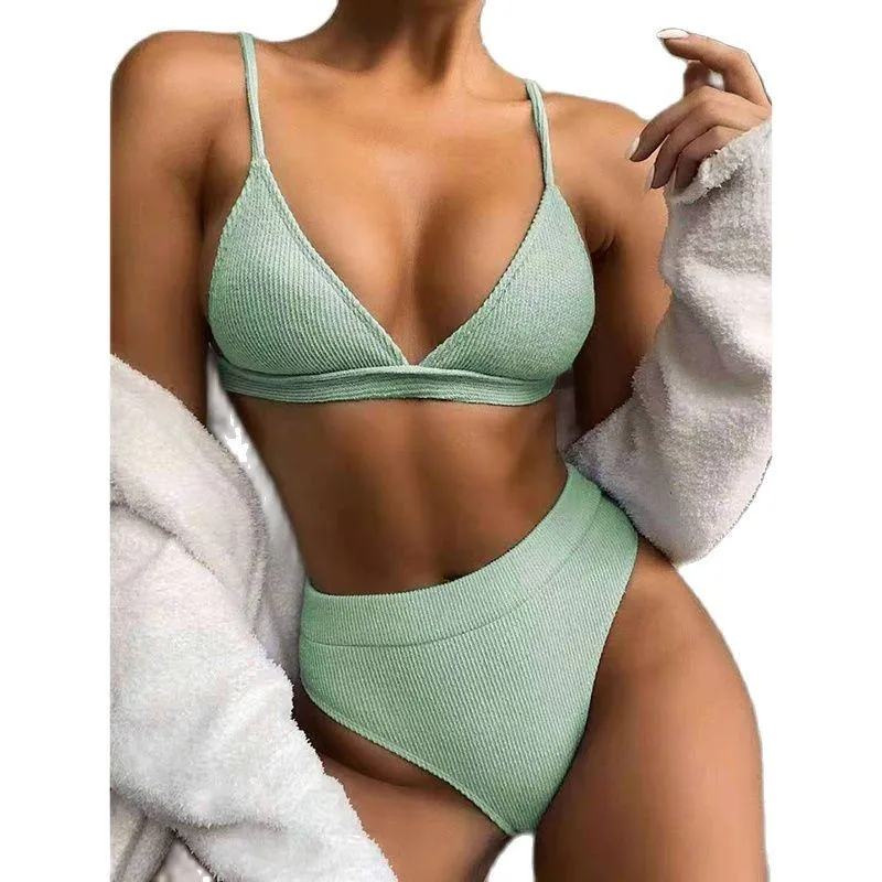 Women's Swimwear Sexy Ribbed Deep V-neck Bikinis 2021 Woman High Waist Sling 2-Piece Women Swimsuit Black Green Blue Bather Bathing Suit