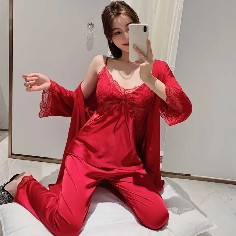 Sexy Lace Trim 3PCS Pajamas Set Women Spring Summer Sleepwear Hollow Out Nightwear Pijamas Suit Casual Loose Satin Home Wear Q0706