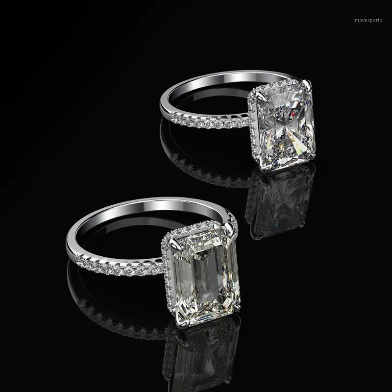 クラスターリングエメラルドラディアントカット3ctダイヤモンドリング100％オリジナルのオリジナル925スターリングシルバーの婚約の結婚式のバンドの女性男性ファインジュエリー1