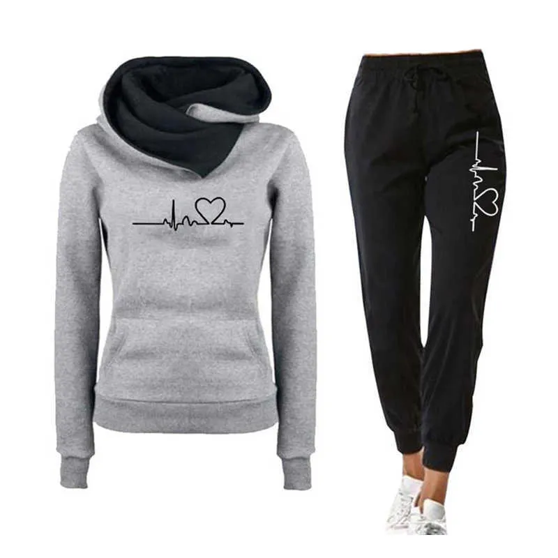 Casual Two Piece Outfits Pullovers Hoodies and Elastic Waist Jogger Byxor Vår Höst TrackSuit Kvinna kostym Kvinna uppsättningar 2021 Y0702