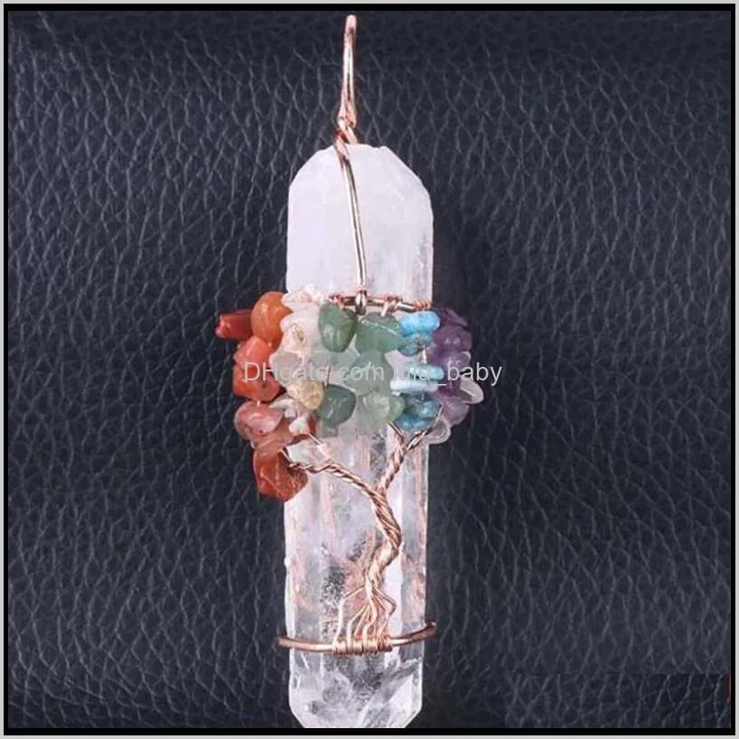 big gemstone pendant women natural white crystal quartz 7 chakra tree of life rose gold handmade wire wrapped necklace charms 